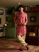 Chhaap Red Silk Blend floral and foliage printed Mens Kurta Set