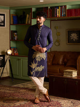 Men's Navy Blue Kurta & Pant Set with Gold Palm Tree Print