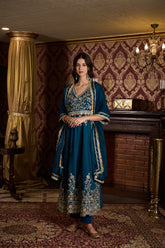Deep Teal Embroidered Anarkali Suit Set with Dupatta