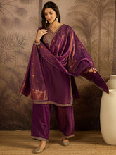 Deep Plum Embroidered Kurta with Palazzo and Dupatta Set
