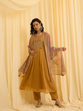 Mustard Embroidered Anarkali Suit Set with Printed Dupatta