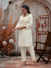 White Pure Cotton Schiffli With Mirror, Moti And Patch Work Kurta With Pant