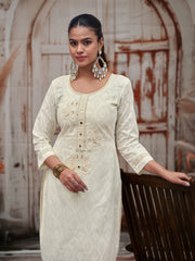 White Pure Cotton Schiffli With Mirror, Moti And Patch Work Kurta With Pant