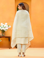 Cream Pure Cotton Zari Sequence Thread Embroidered Kurta With Pant And Dupatta