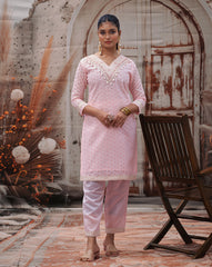 Pink Pure Cotton Schiffli Embroidery With Mirror And Kodi Work Embroidered Cotton Kurta With Pant