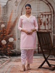 Pink Pure Cotton Schiffli Embroidery With Mirror And Kodi Work Embroidered Cotton Kurta With Pant