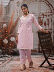 Pink Pure Cotton Schiffli Embroidery With Mirror And Kodi Work Embroidered Cotton Kurta With Pant