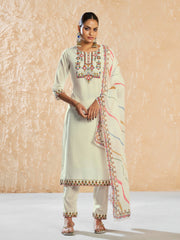 White Pure Cotton Thread Moti Hand Work With Mirror Work Embroidered Straight Kurta With Pant And Dupatta