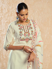 White Pure Cotton Thread Moti Hand Work With Mirror Work Embroidered Straight Kurta With Pant And Dupatta