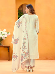 White Pure Cotton Zari Sequence Thread Embroidery With Moti Work Straight Kurta With Pant And Dupatta