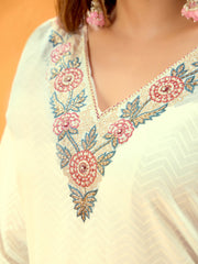 White Pure Cotton Zari Sequence Thread Embroidery With Moti Work Straight Kurta With Pant And Dupatta