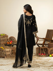 Black Pure Silk Zari Sequence Embroidered Festive Kurta With Pant And Dupatta