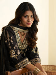 Black Pure Silk Zari Sequence Embroidered Festive Kurta With Pant And Dupatta