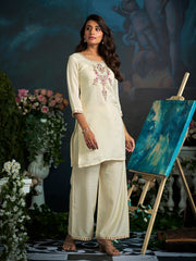 White Pure Cotton Zari Sequence Thread Embroidery With Moti Work Kurta With Pant