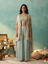 Pastel Blue Floral Crop Top with Palazzo and Embroidered Cape Set