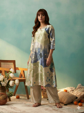 Beige Floral Print A-Line Kurta and Trouser Set