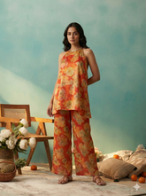 Vibrant Orange Floral Print Halter Neck Top and Palazzo Set