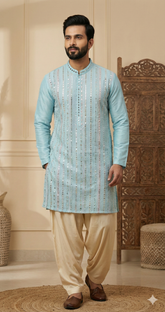 Chhaap Blue Sequence Thread Embroidered With Mirror Work Kurta Set