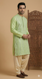 Men's Lime Green Mirror Work Kurta with Cream Patiala Salwar Set