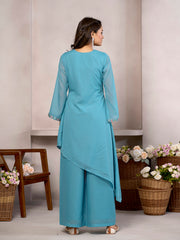 Sky Blue Cotton Blend Zari sequence Thread Embroidery With Pearl Droplet Kurta with Palazzo Set