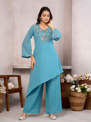 Sky Blue Cotton Blend Zari sequence Thread Embroidery With Pearl Droplet Kurta with Palazzo Set