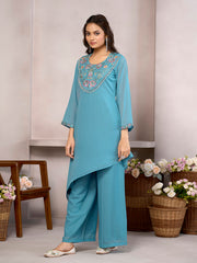Sky Blue Cotton Blend Zari sequence Thread Embroidery With Pearl Droplet Kurta with Palazzo Set