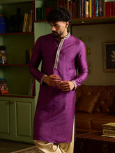CHHAAP Men's Royal Purple Silk Blend Kurta with Embroidered Neckline