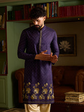 Men's Royal Purple Printed Kurta with Gold Floral Border