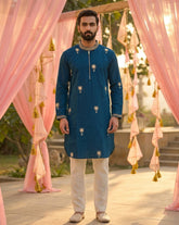 Men's Teal Blue Embroidered Silk Kurta with Mandarin Collar