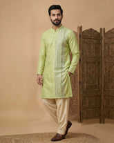 Men's Lime Green Silk Blend Kurta with Vertical Mirror Work Embroidery