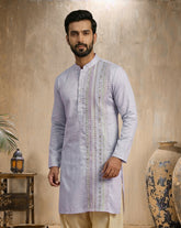 Lavender Men's Kurta with Vertical Mirror Work Embroidery