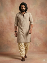 Chhaap Beige Solid Shirt Collar Kurta