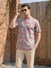 Men's Mauve Floral Print Short Kurta – Half Sleeve Cotton Blend