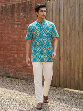 Men's Turquoise Ikat Print Cotton Short Kurta