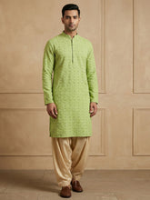 Men's Lime Green Chikankari Embroidered Cotton Kurta