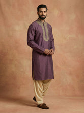 Men's Mauve Purple Silk-Blend Kurta with Intricate Neck Embroidery
