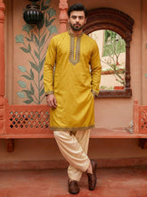 CHHAAP Men's Mustard Yellow Embroidered Cotton Kurta