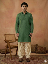 Men's Forest Green Linen-Blend Shirt-Collar Kurta