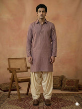 Men's Mauve Textured Cotton Shirt-Collar Kurta