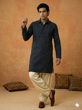Men's Charcoal Grey Shirt-Collar Cotton Kurta