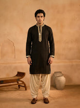 Midnight Black Men's Kurta with Embroidered Placket
