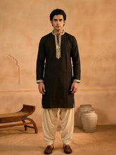 Midnight Black Men's Kurta with Embroidered Placket