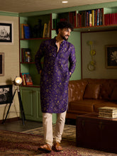 Royal Purple & Gold Printed Men's Kurta with Cream Pants Set