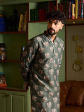 Men's Sage Green Floral Printed Short Kurta