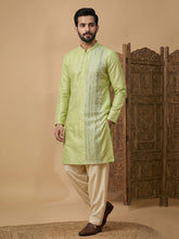 Men's Lime Green Mirror Work Kurta & Cream Patiala Set