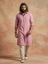 Men's Dusty Pink Linen-Blend Kurta with Off-White Pants Set