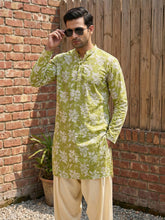 Men's Lime Green Printed Kurta & Beige Patiala Salwar Set