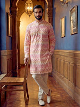 Men's Pastel Pink Chevron Patterned Kurta with Off-White Pants Set