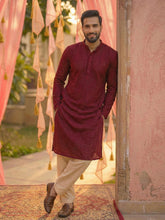CHHAAP Men Maroon Sequined Georgette Kurta with Off-White Patiala Set