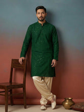 Chhaap Green Rayon Sequence and Thread Embroidered Mandarin Collar Kurta Set